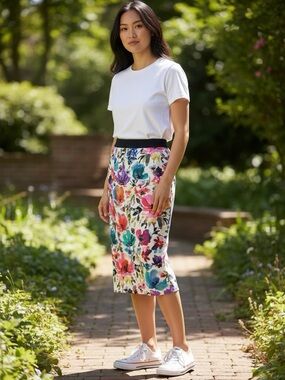 G.I.L.I. White Midi Skirt with Multicolor Floral Print and Black Waistband